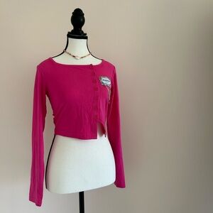 Monchhichi Hot Pink Button-Up Crop Top - Trendy Long Sleeve Tee